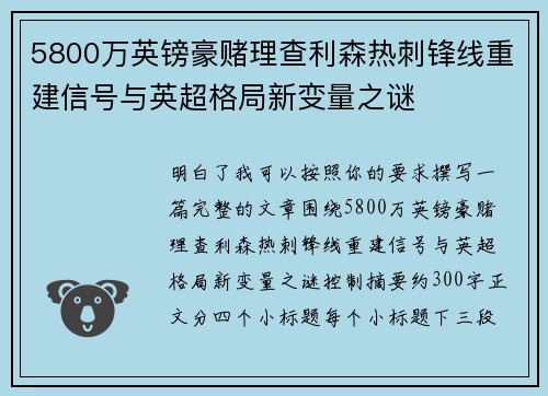 5800万英镑豪赌理查利森热刺锋线重建信号与英超格局新变量之谜 5800万英镑豪赌理查利森热刺锋线重建信号与英超格局新变量之谜